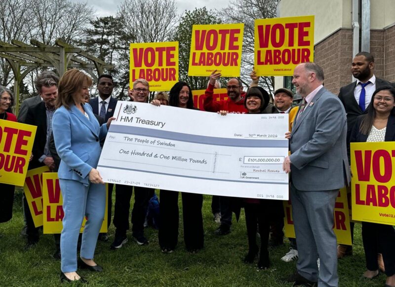 Rachel Reeves with a cheque for Swindon for £101 million